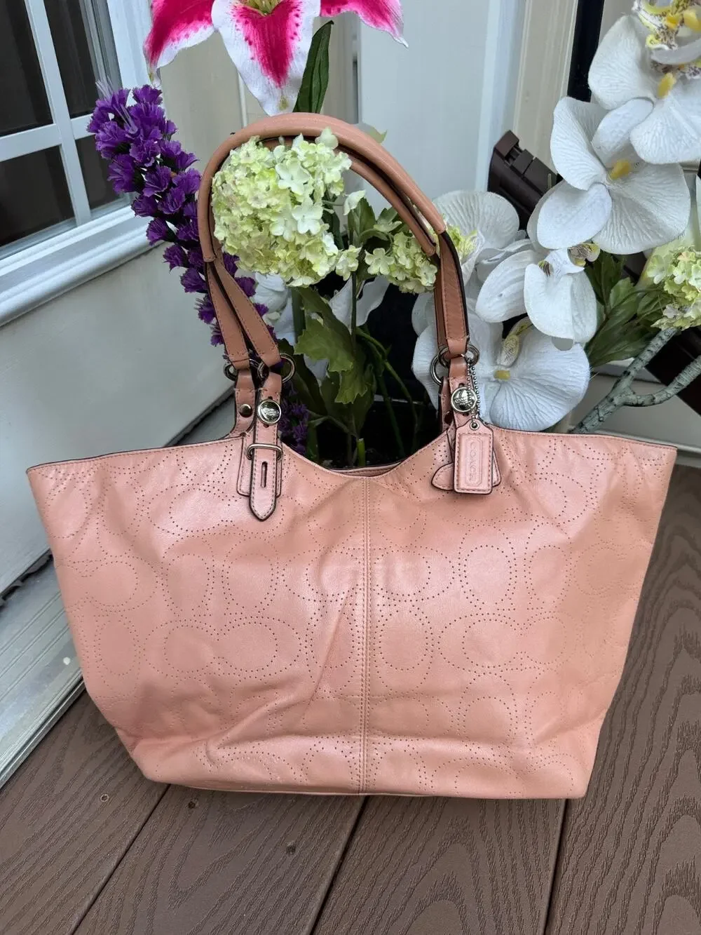 Coach Nude Pink Signature PERFORATE Leather Tote Shoulder Bag #F17223 (300